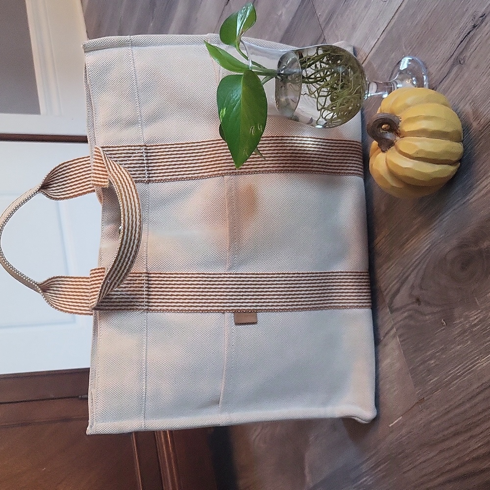 Hermes Beige Canvas Tote with Brown Striped Handles
